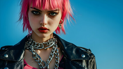 A young woman with pink hair a leatherv  jacket
