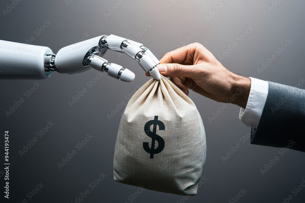 Poster a robotic hand receiving a money bag symbolizing automation in finance and modern transactions. usin
