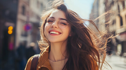 Beautiful happy young woman walking in the city