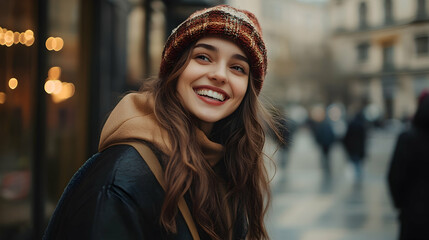 Beautiful happy young woman walking in the city