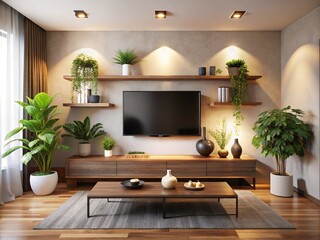 Modern minimalist living room with sleek black TV mounted on a rustic wooden shelf, surrounded by potted plants and subtle warm lighting ambiance.