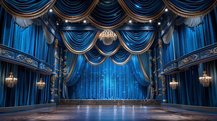Elegant Theater Stage with Blue Velvet Curtains and Chandeliers