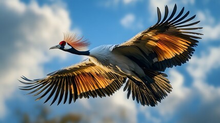 Fototapeta premium Grey Crowned Crane Bird, Flying Under Blue Sky, Photo Realistic, Wallpaper, Cover and Screen for Smartphone, Cell Phone, Computer, Laptop, 9:16 and 16:9 Format