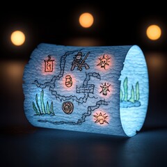 A glowing treasure map roll with enchanting designs and illuminated symbols, perfect for adventure-themed projects.