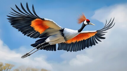 Obraz premium Grey Crowned Crane Bird, Flying Under Blue Sky, Photo Realistic, Wallpaper, Cover and Screen for Smartphone, Cell Phone, Computer, Laptop, 9:16 and 16:9 Format