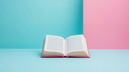 Open book on color background with shadows, concept of knowledge