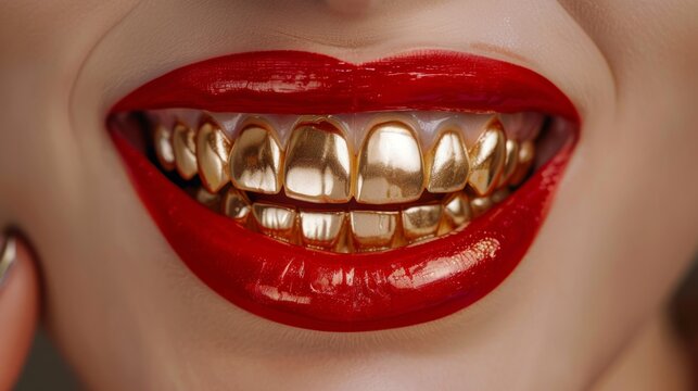The individual displays a bold smile with bright red lipstick and shiny gold dental grills, exuding confidence and a distinctive fashion statement. The setting enhances their vibrant look
