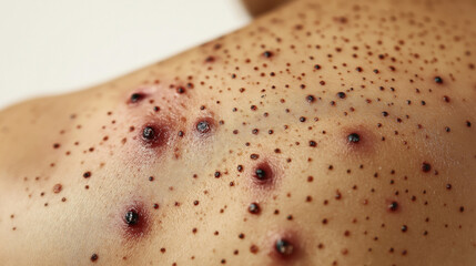 Fototapeta premium Close-up view of skin showing multiple pustules and lesions characteristic of a monkeypox infection (mpox virus) on a person's back.