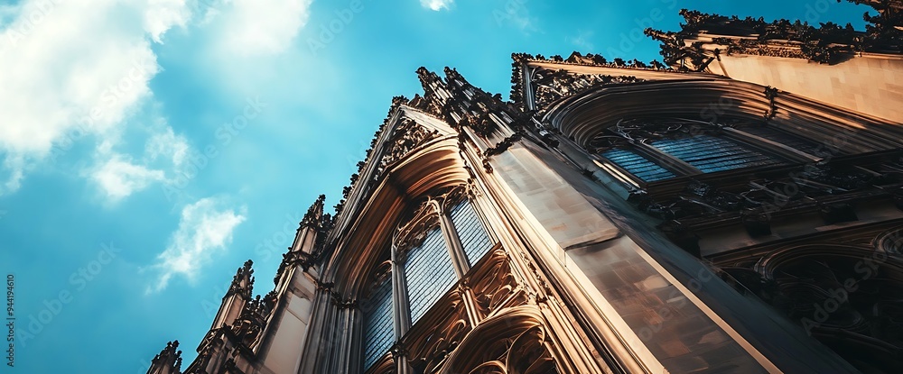 Wall mural low angle view of a gothic building with ornate details, blue sky with clouds.