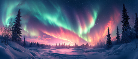 A stunning view of the Northern Lights over a snow-covered forest, with the aurora borealis illuminating the night sky in vibrant colors.
