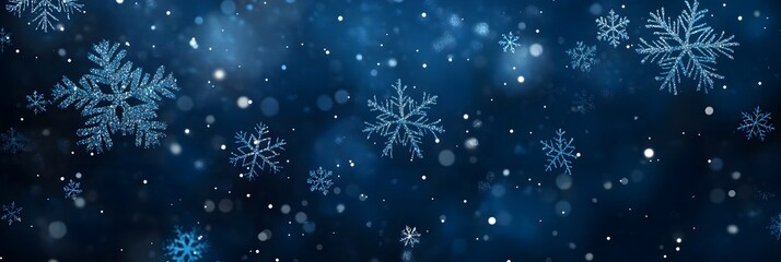 Dark blue background with falling snowflakes, creating an elegant and festive atmosphere for Christmas or New Year celebrations