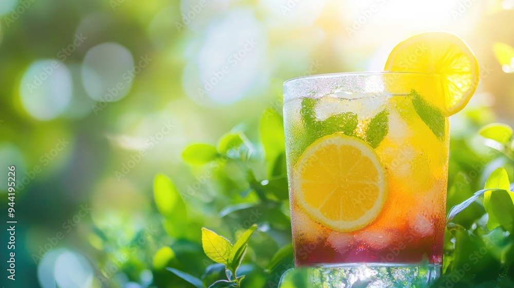 Sticker Refreshing Iced Tea with Lemon and Mint in a Glass