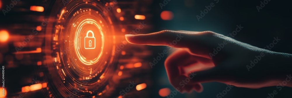 Poster finger reaching towards a glowing digital lock hologram representing cybersecurity. data protection 