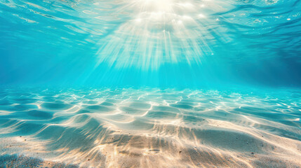 Naklejka premium A serene underwater scene capturing sunlight filtering through clear water, illuminating sandy ocean floor.