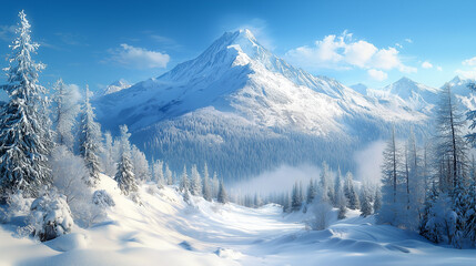 A snowy mountain peak under a clear blue sky, with pine trees in the foreground and a pristine, untouched landscape.