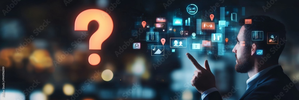 Poster Man pointing at a floating digital question mark surrounded by data icons. Concept of inquiry, technology, and decision-making.