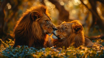Naklejka premium Two lions nuzzle each other in a loving embrace, bathed in the golden light of the setting sun.