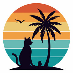 Minimalist Cat Silhouette with Sunset and Palm Trees