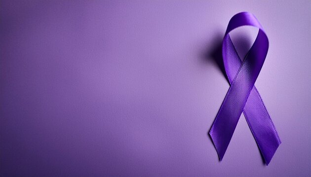 International Epilepsy Day. Purple ribbon on purple background. Alzheimer's disease, Pancreatic cancer, Hodgkin's Lymphoma awareness. World Lupus Day and world cancer. Banner. copyspace