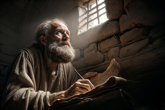 St Paul writes on a scroll - Letters from Prison Cell to church
