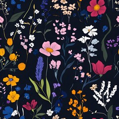 Floral seamless background pattern with mix wild flowers and leaves Line art. Embroidery flowers. 