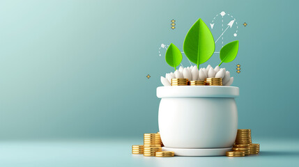 This vibrant display features a white pot filled with coins and budding green plants, representing a flourishing investment and growth in personal finance
