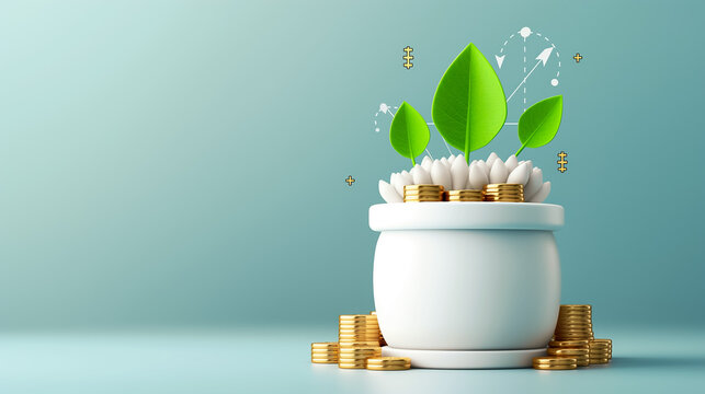 This vibrant display features a white pot filled with coins and budding green plants, representing a flourishing investment and growth in personal finance