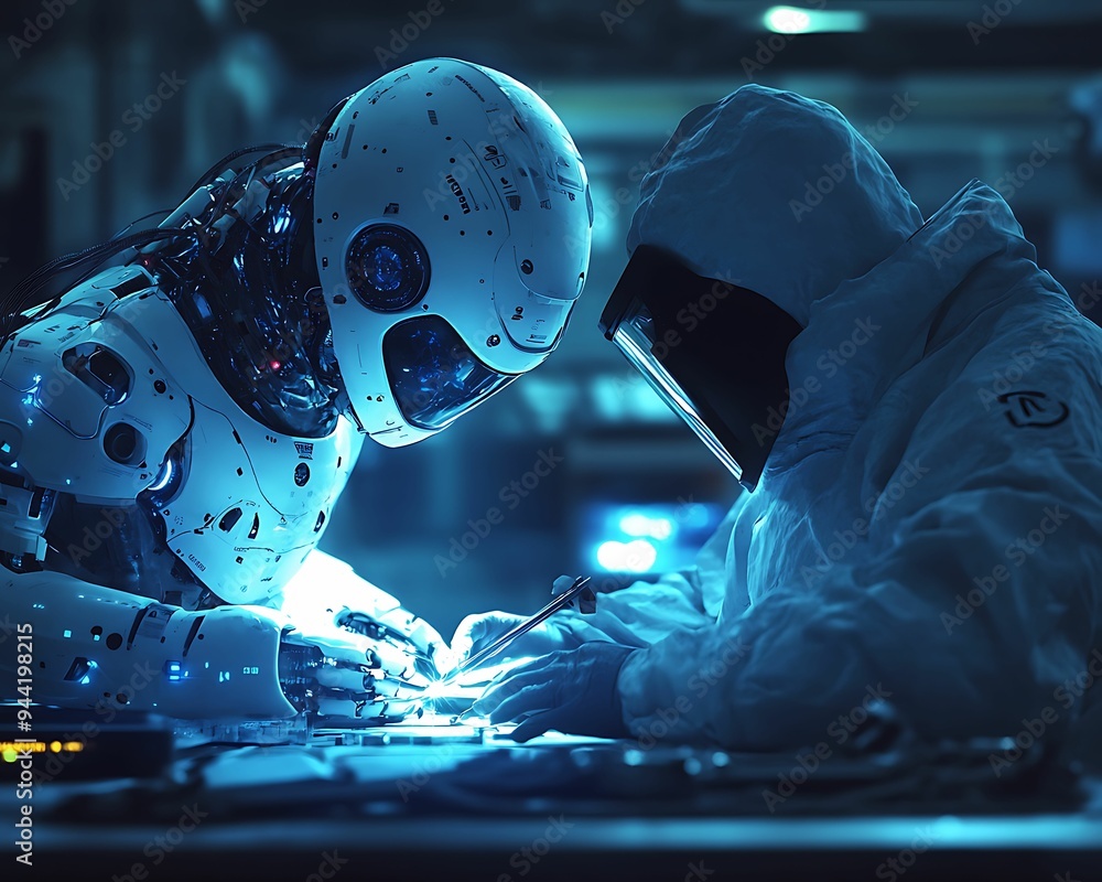 Poster futuristic robot and scientist working on project