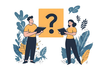 Fototapeta premium Question marks held by two people, white background, thick lines and shapes, low details Stock Illustration