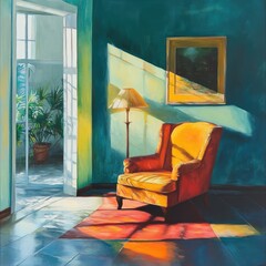 A Sunlit Living Room with a Yellow Armchair and a Floor Lamp