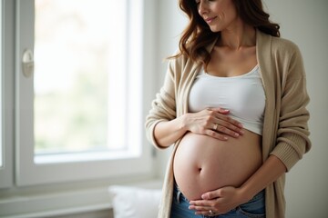photo of pregnant woman happy calming at her living room with curtain in background, generative AI