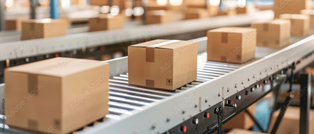 Poster automated conveyor belt transporting cardboard boxes in a warehouse setting for efficient order fulf