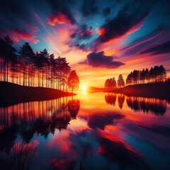 sunset over the lake with river background 