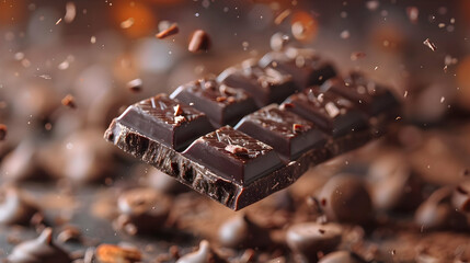 Dark Chocolate Bar Falling Through Air With Chocolate Pieces, Photo