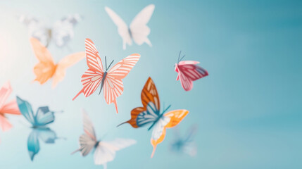 Colorful craft butterflies gracefully flying against a soft blue background, creating a serene and enchanting atmosphere.