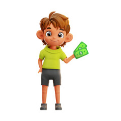 3d Illustration Boy With Banknotes, investment money, holding money