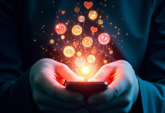 Hands holding a smartphone with glowing emoticons and hearts erupting from the screen, symbolizing vibrant digital communication, social media interactions, and online engagement in a dynamic and colo