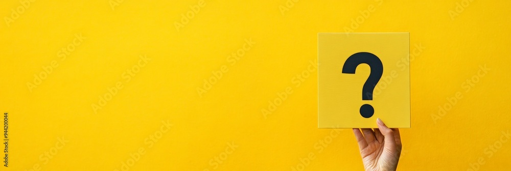 Poster hand holding a yellow sign with a question mark against a bright yellow background representing inqu