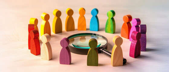 Colorful wooden figures surround a magnifying glass, symbolizing analysis, teamwork, and diversity in a creative setup.