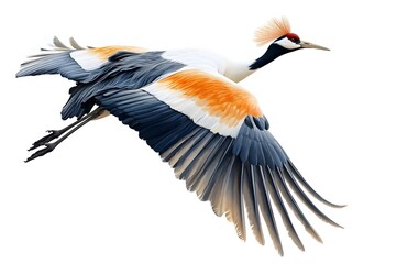 Fototapeta premium Grey Crowned Crane Bird, Flying on White Background, Photo Realistic, Wallpaper, Cover and Screen for Smartphone, Cell Phone, Computer, Laptop, 9:16 and 16:9 Format