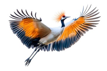 Obraz premium Grey Crowned Crane Bird, Flying on White Background, Photo Realistic, Wallpaper, Cover and Screen for Smartphone, Cell Phone, Computer, Laptop, 9:16 and 16:9 Format