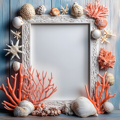 Photo frame with shells and corals. Home decoration