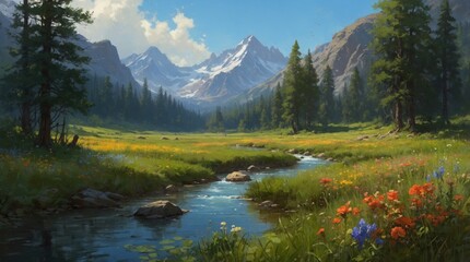 Illustration inspired by sunny summer, mountain streams among flowery meadows