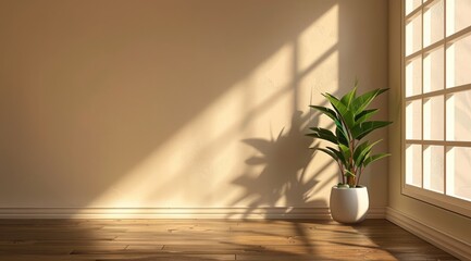 A minimalist brown and beige room interior featuring a wooden floor, an empty wall, and a plant with sunlight casting soft shadows through a window