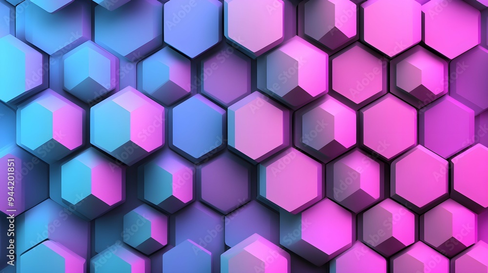 Wall mural hexagonal background with pink purple blue gradient hexagons, abstract futuristic geometric backdrop