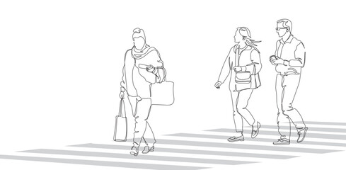 Man and women crossing road with zebra pedestrian crosswalk. Copy space. Black continuous line drawing. Vector illustration in line art style.