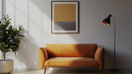 Horizontal poster Frame Mockup hanging on wall in room, 3d rendering