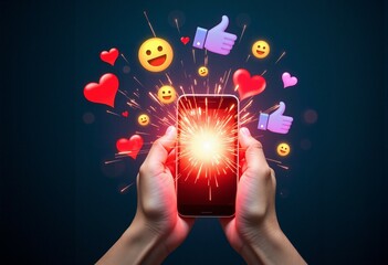Hands holding a smartphone with vibrant emojis, hearts, and thumbs-up icons bursting from the screen, symbolizing digital communication, social media interaction, and positive online engagement.