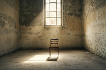 Sunlight filtering through window onto a solitary chair in an empty, worn room.