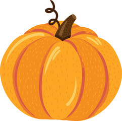 Round ripe orange pumpkin. Autumn fruit, symbol of harvest. Simple color cozy illustration. Hand drawn cartoon vector isolated on white background